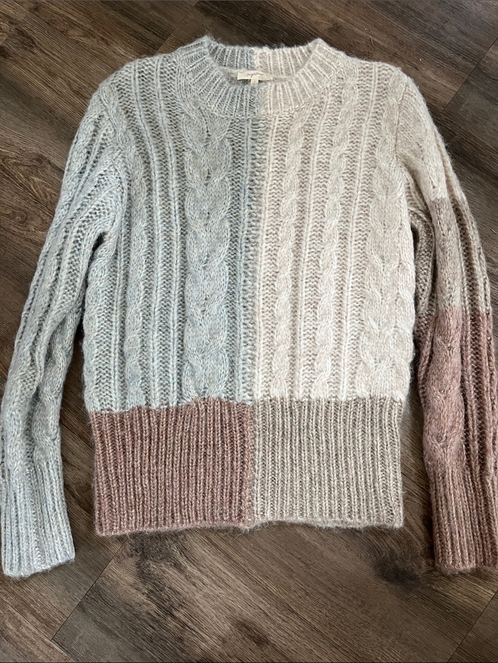 Mystree Two-Tone Cable Knit Crew Sweater - Gray & Dusty Pink Sz S